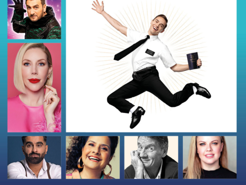 A collage of images against a blue background, featuring Katherine Ryan, Michael Palin, Chris Gascoyne.